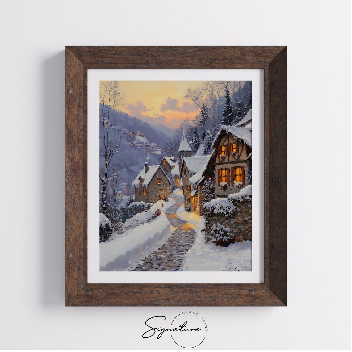 Alpine Winter Village at Dusk Snowy Cobblestone Street Poster - Image 3