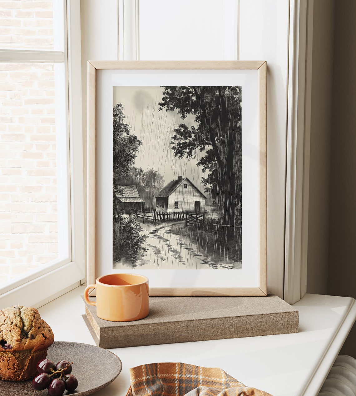 Rainy Day At A Rural Farmstead Sketch Countryside Rain Scene Art Stormy Farmhouse Decor Rural Barn In Rain Illustration 773 - Image 6