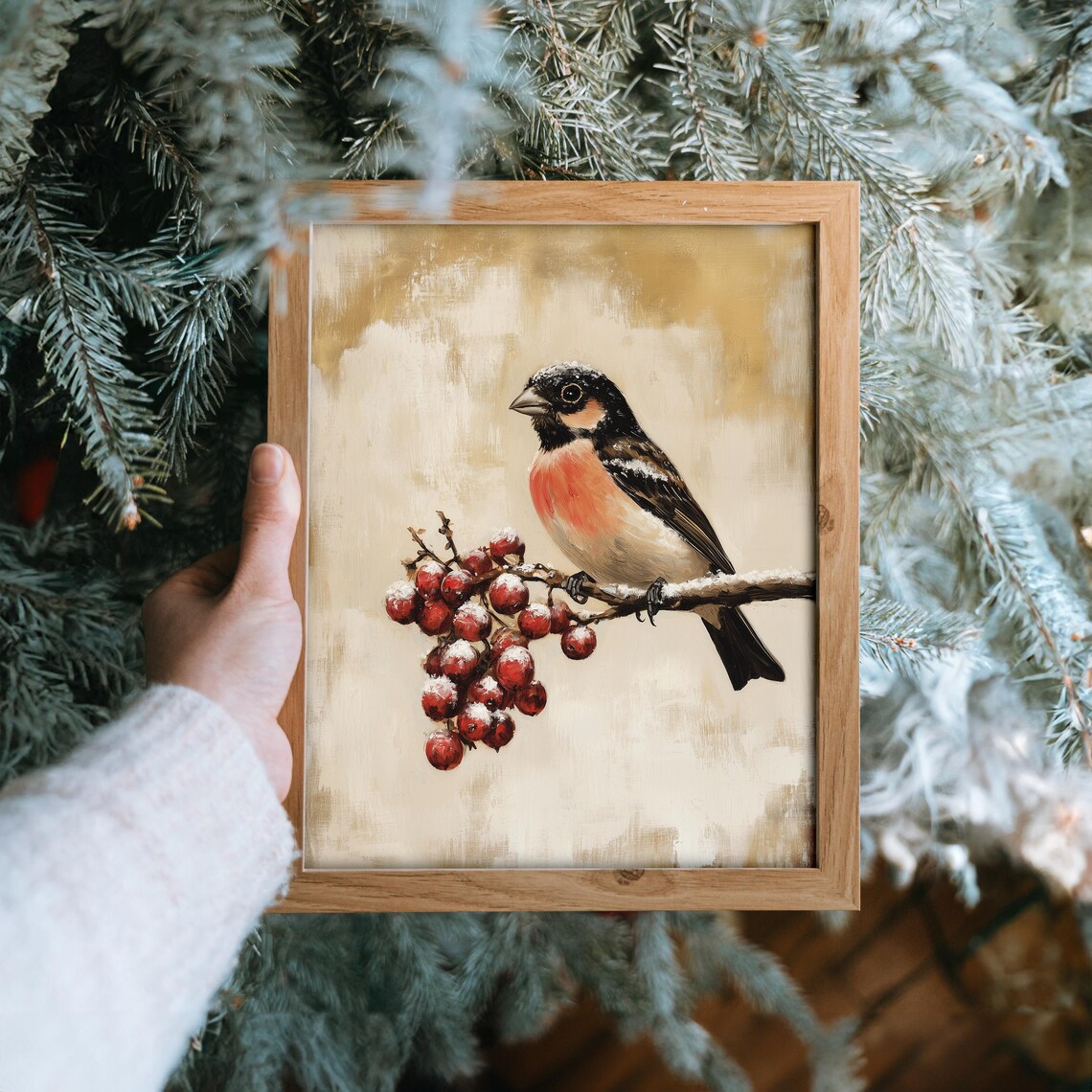 Bullfinch Bird on Frosty Winter Berry Branch Vintage Style Poster - Image 6
