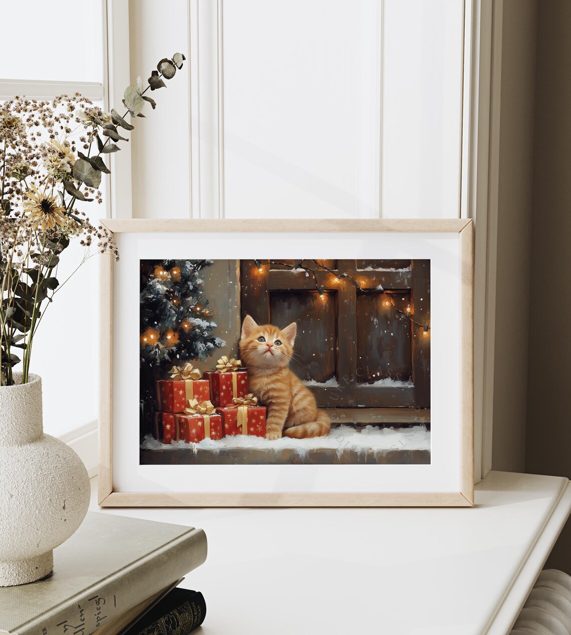 Ginger Kitten with Red Christmas Gifts on Snowy Windowsill Poster - Image 6
