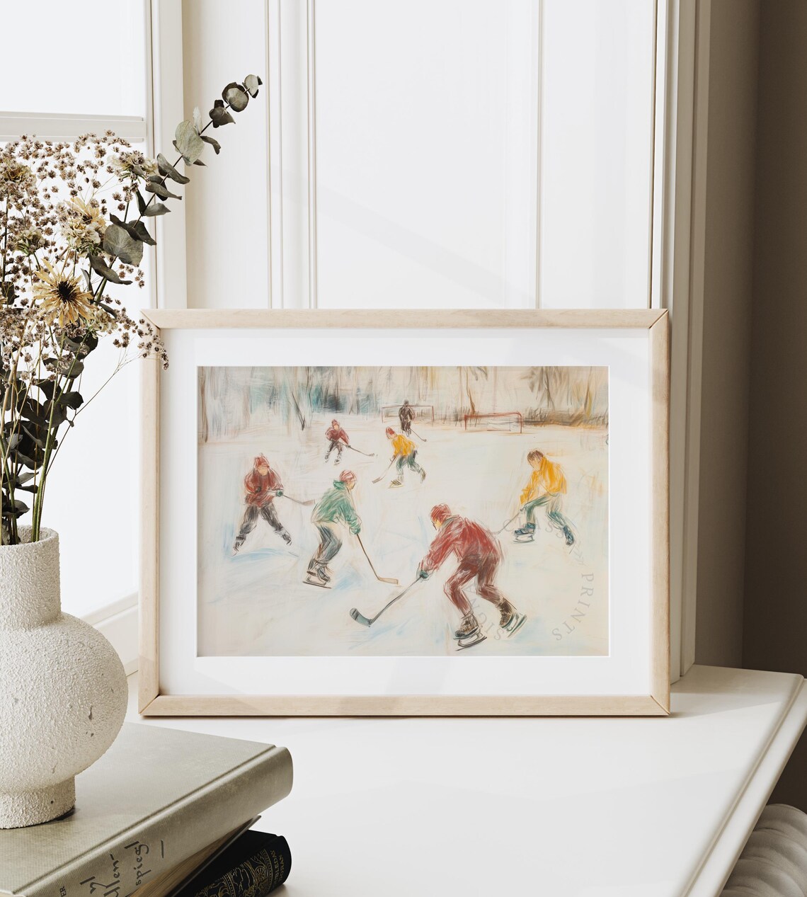 Children Playing Ice Hockey On A Frozen Winter Pond Scene Poster - Image 6