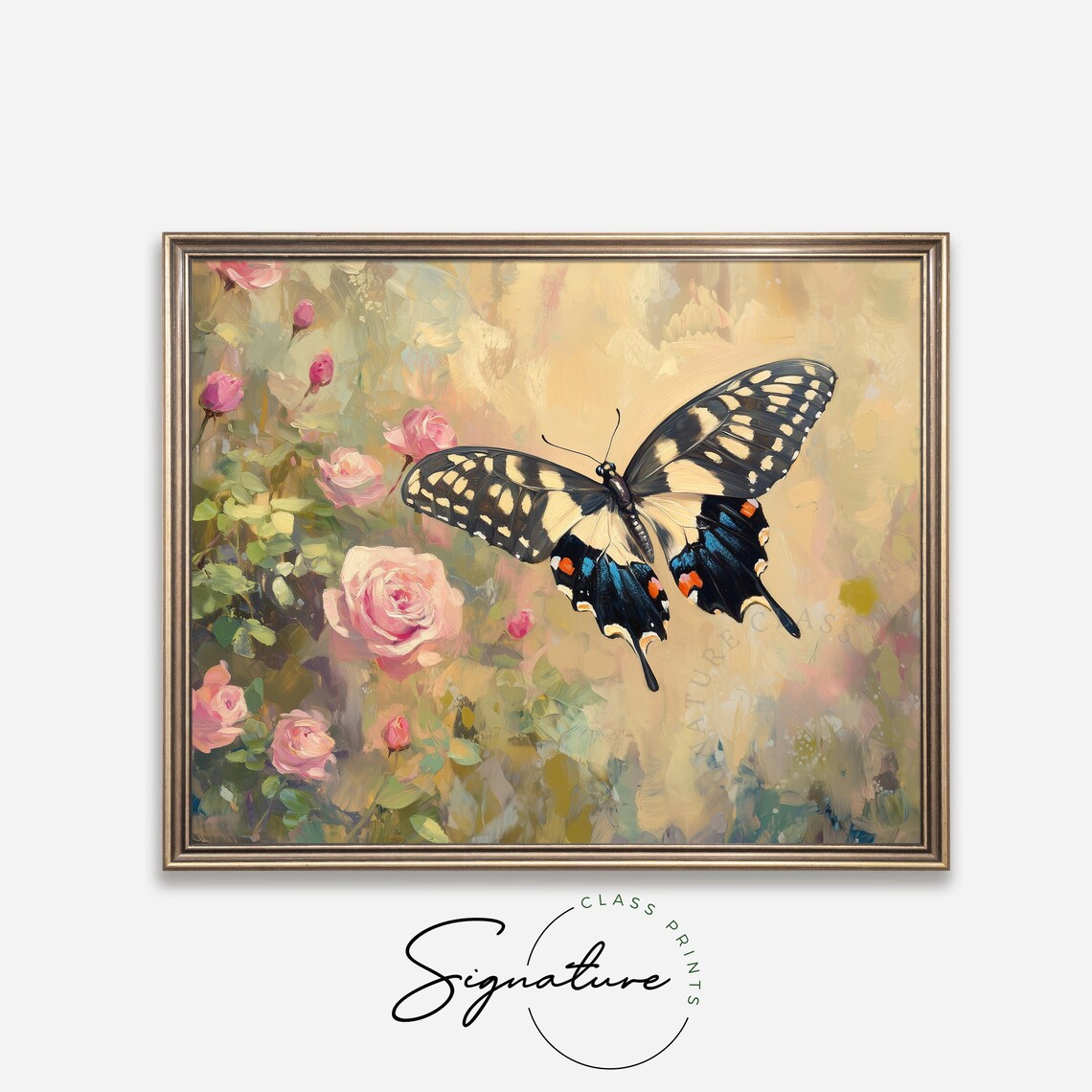 Swallowtail Butterfly Over Pink Roses Vintage Insect Floral Wall Art - Image 4