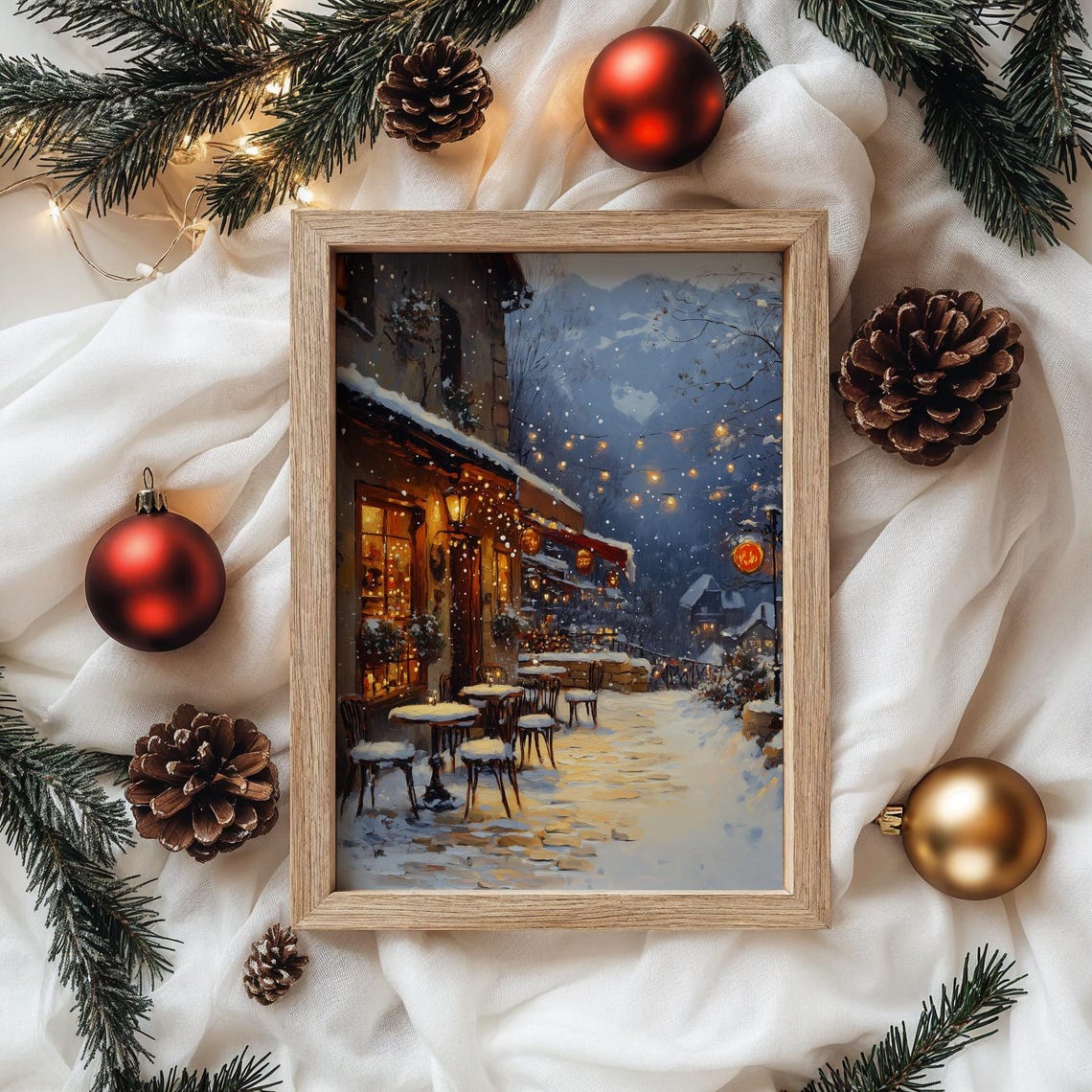 Cobblestone Village Square In Winter With Cafe Lights Poster - Image 4