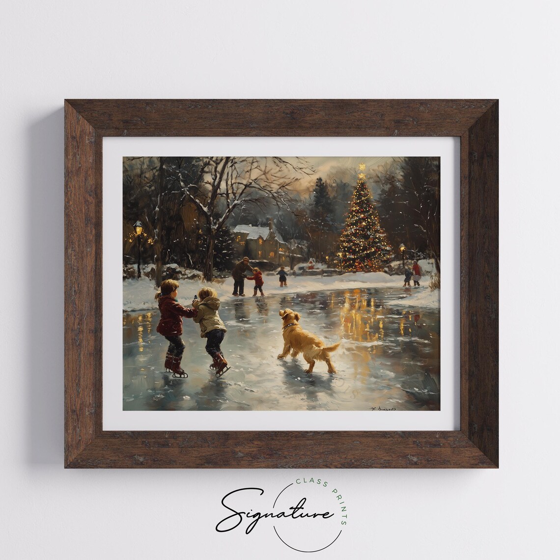 Children and Golden Retriever in Snow, Rustic Winter Art Print - Image 5