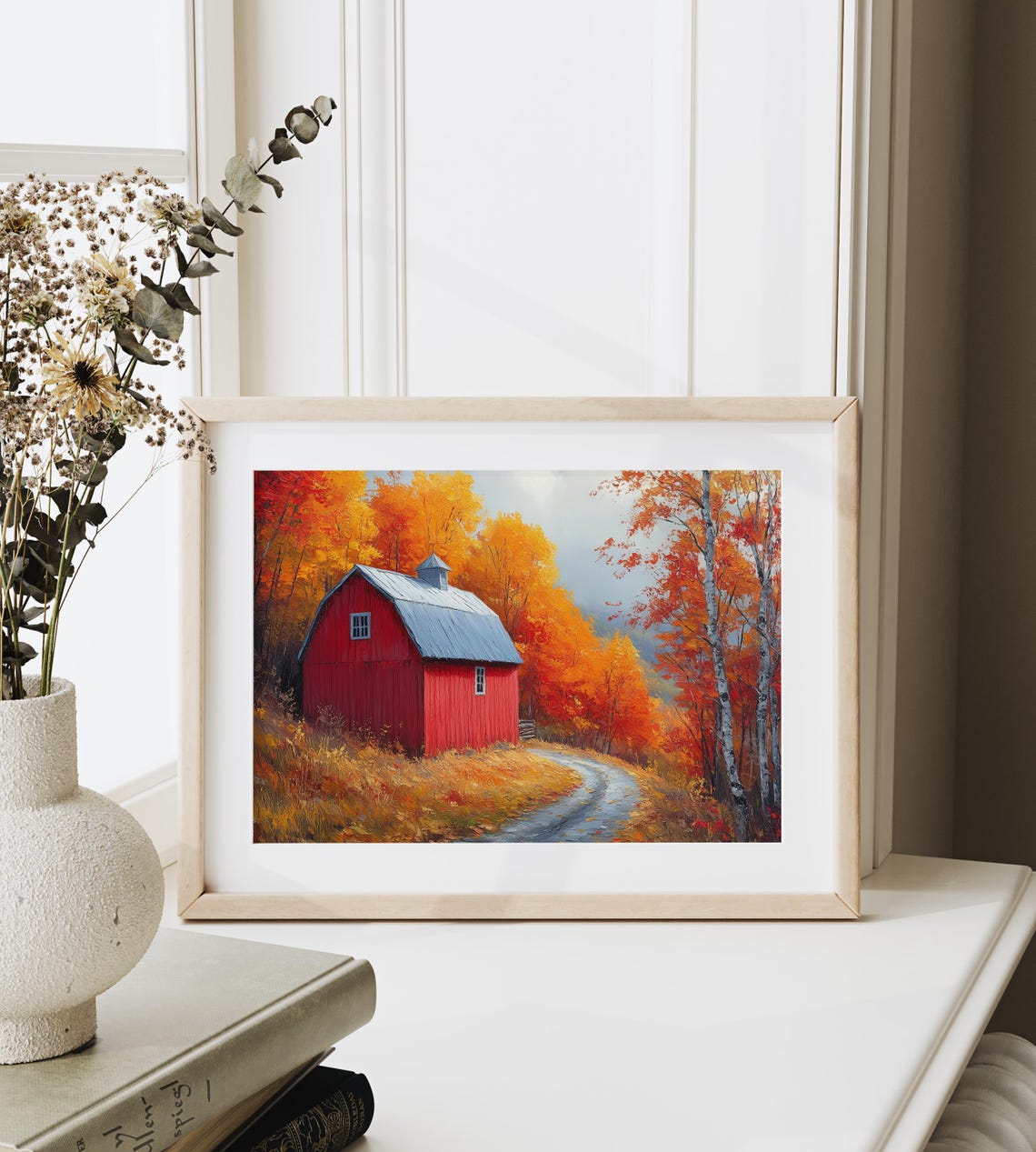 Red Barn Autumn Birches Fall Foliage Rustic Farm Lane Wall Art - Image 6