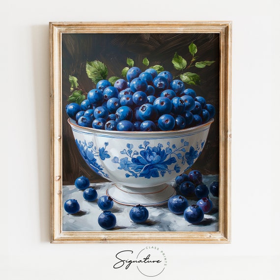 Blueberries In Porcelain Bowl, Summer Berry Art Print