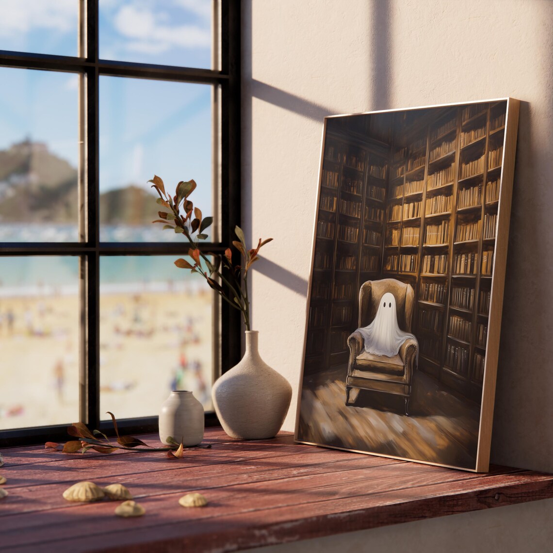 Cute Ghost Cozy Library Armchair Vintage Bookshelves Art Poster - Image 5
