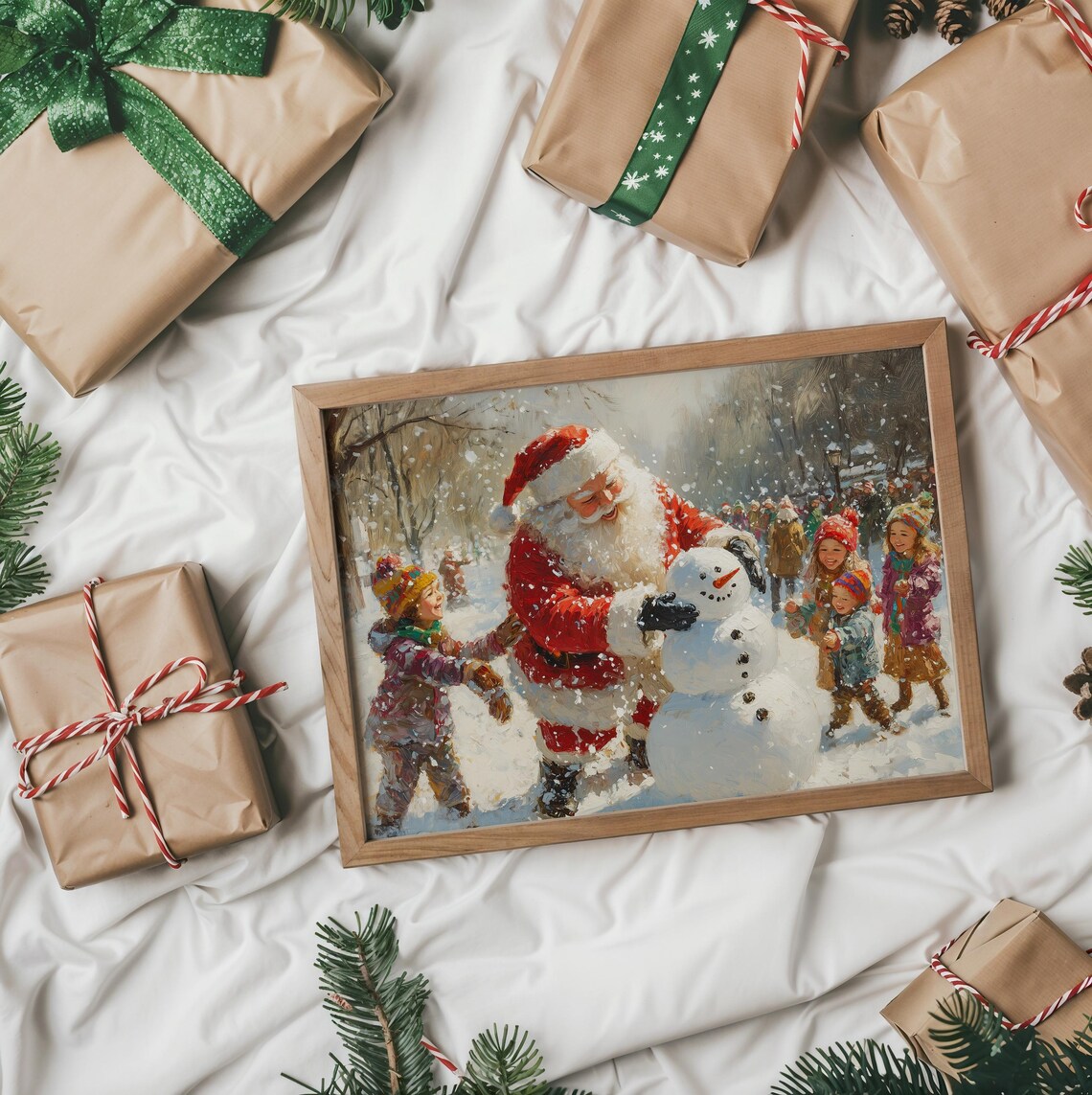 Santa Claus Building Snowman With Children in Snowy Street Poster - Image 2