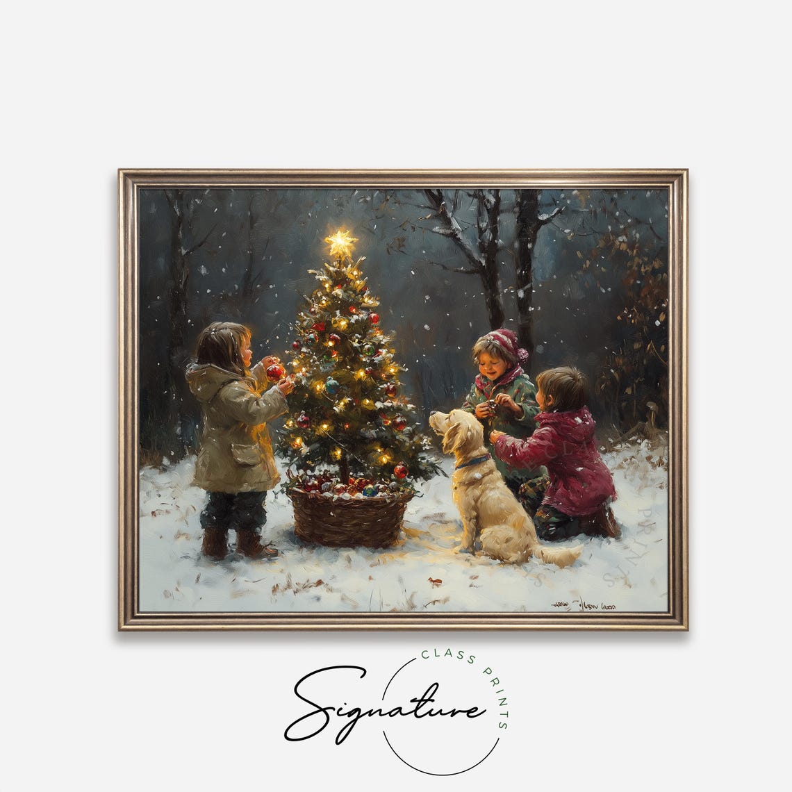 Three Children And A Dog Decorating A Lit Christmas Tree Poster - Image 4