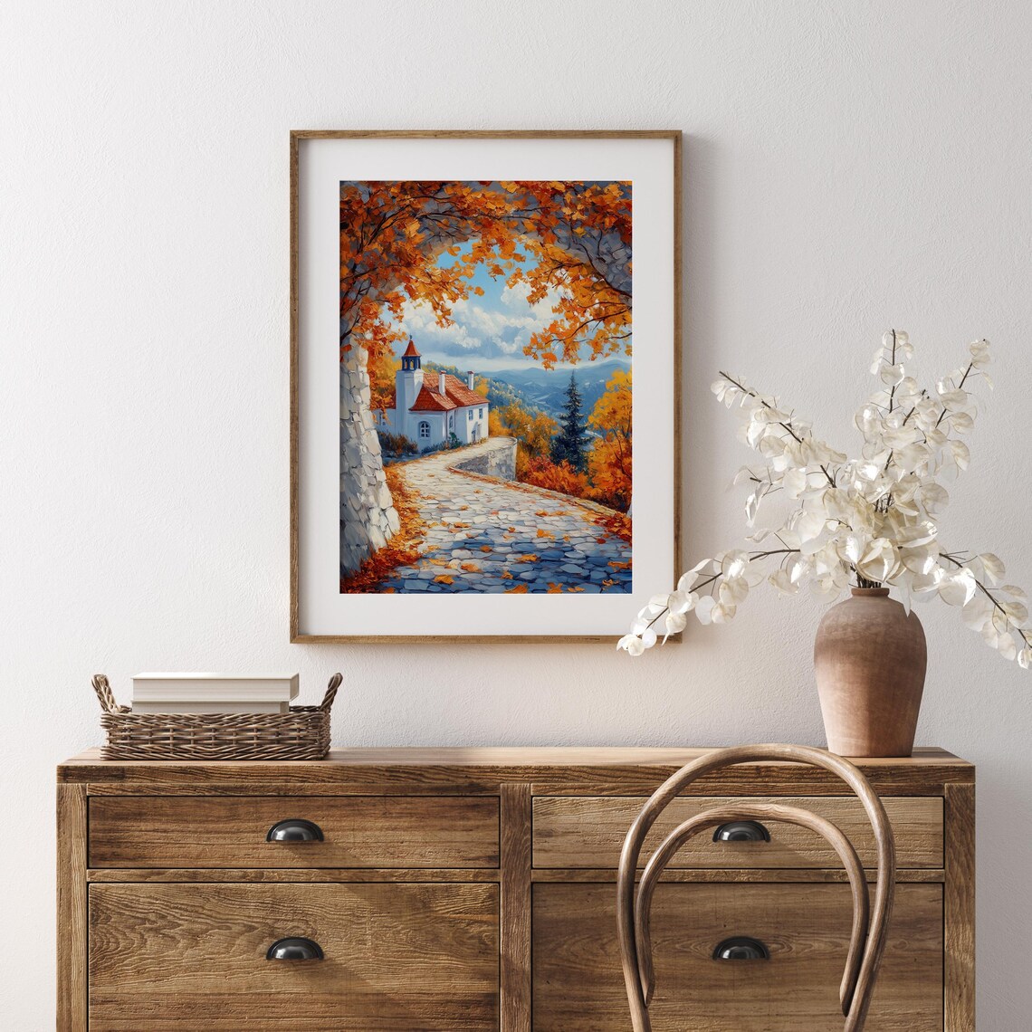 European Old White Chapel Cobblestone Autumn Mountain Vista Print - Image 5