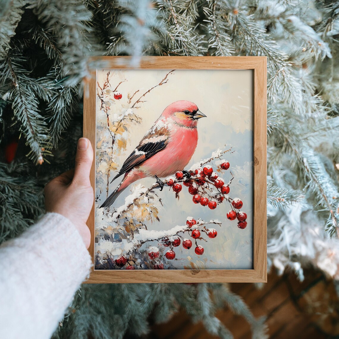 Pine Grosbeak On Snowy Berry Branch Rosy Winter Bird Art Poster - Image 6
