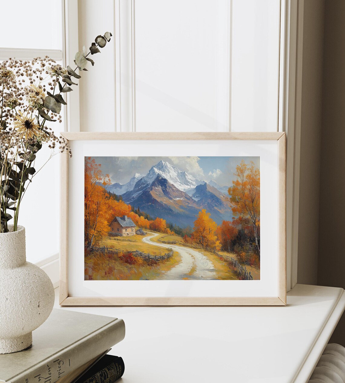 Cabin Autumn Forest Dirt Road Snowy Peak Oil Painting Poster - Image 6