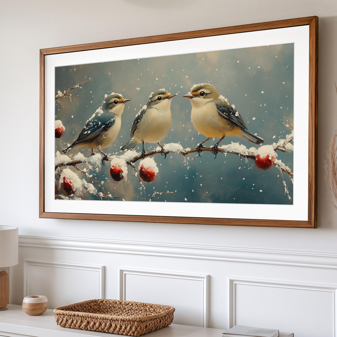 Three Tiny Songbirds Snowy Branch Red Berries Winter Art Poster - Image 2