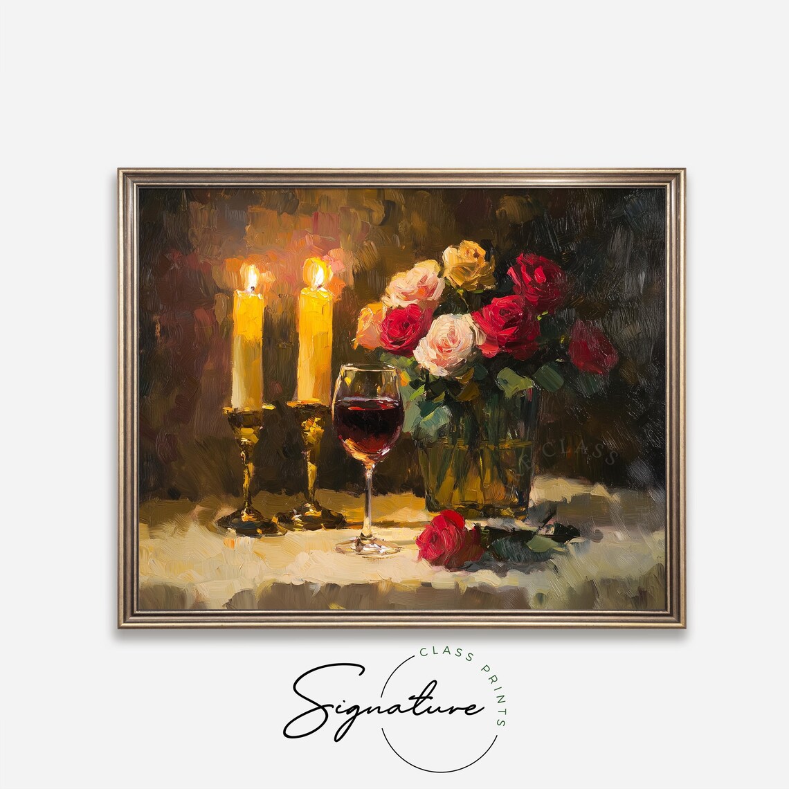 Candlelit Still Life Wine Glass Roses Warm Golden Oil Painting Poster - Image 2