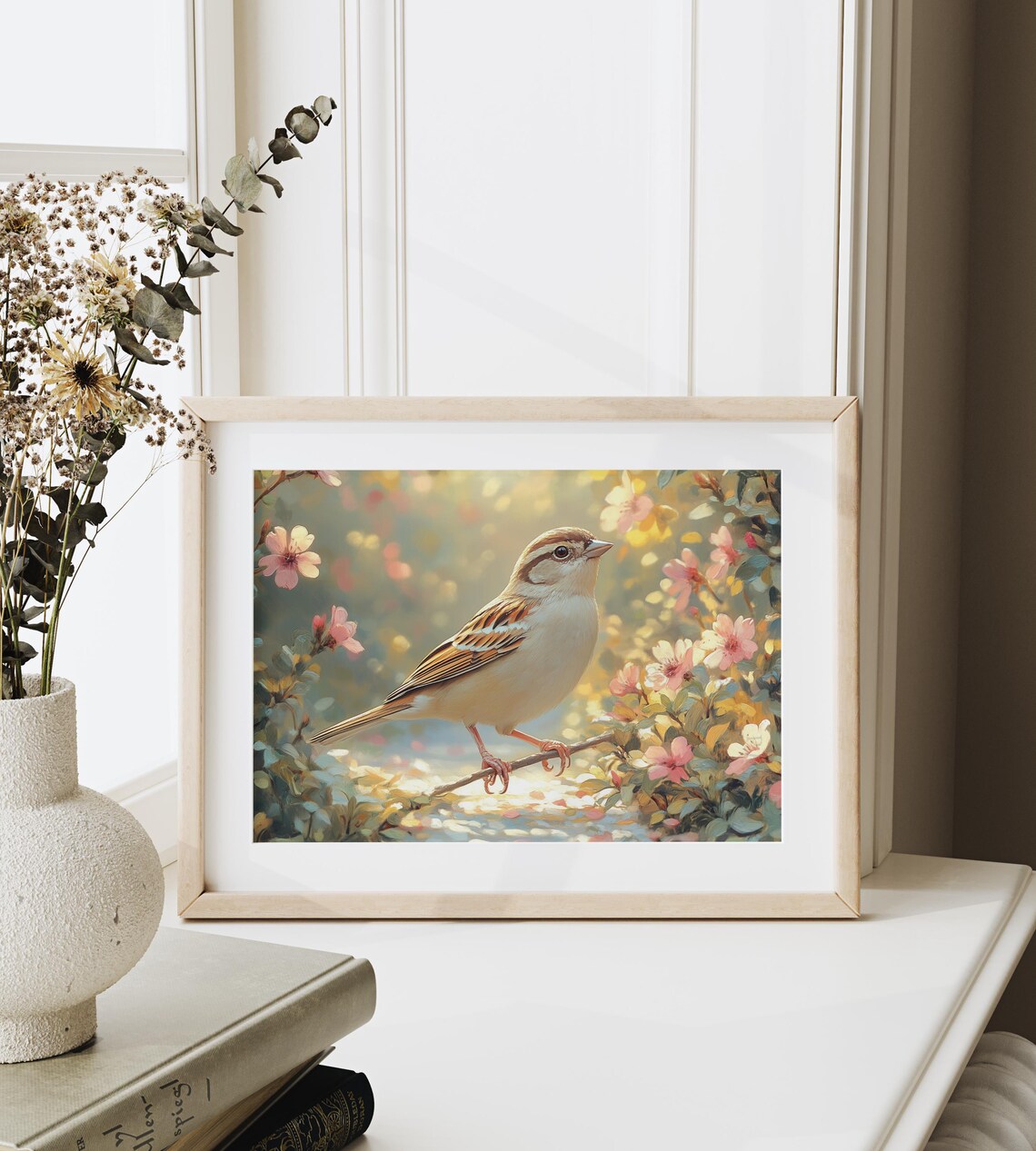 Sparrow On Blossom Twig In Sunlit Spring Garden Morning Poster - Image 4