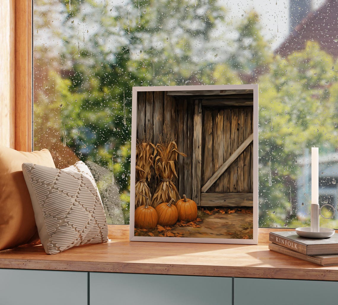 Pumpkins Corn Stalks Rustic Barn Wooden Door Fall Harvest Poster - Image 2