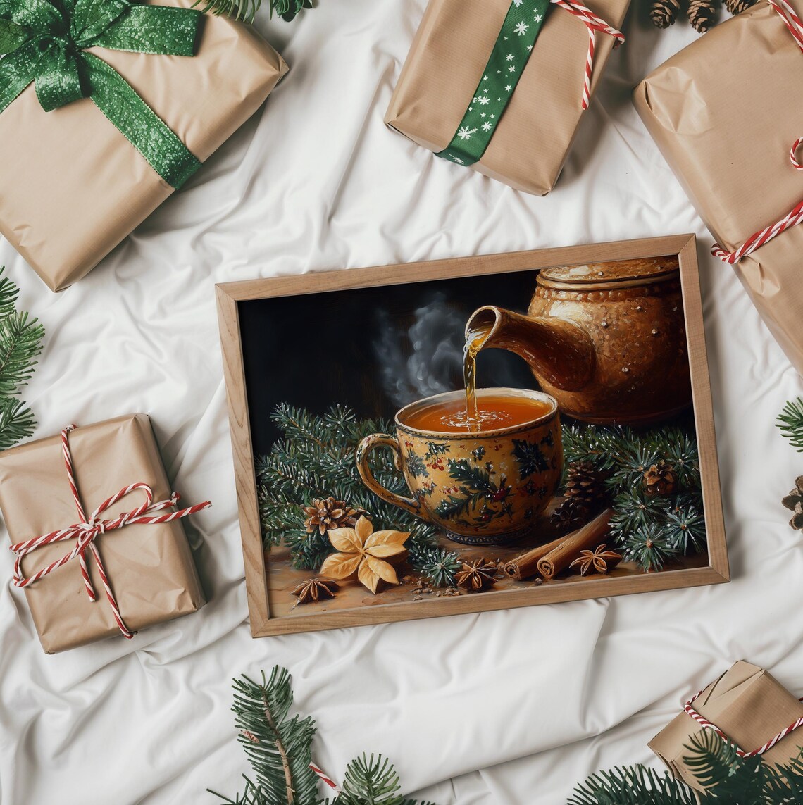 Vintage Teapot Pouring Hot Tea Festive Cup Evergreen Spices Poster - Image 2