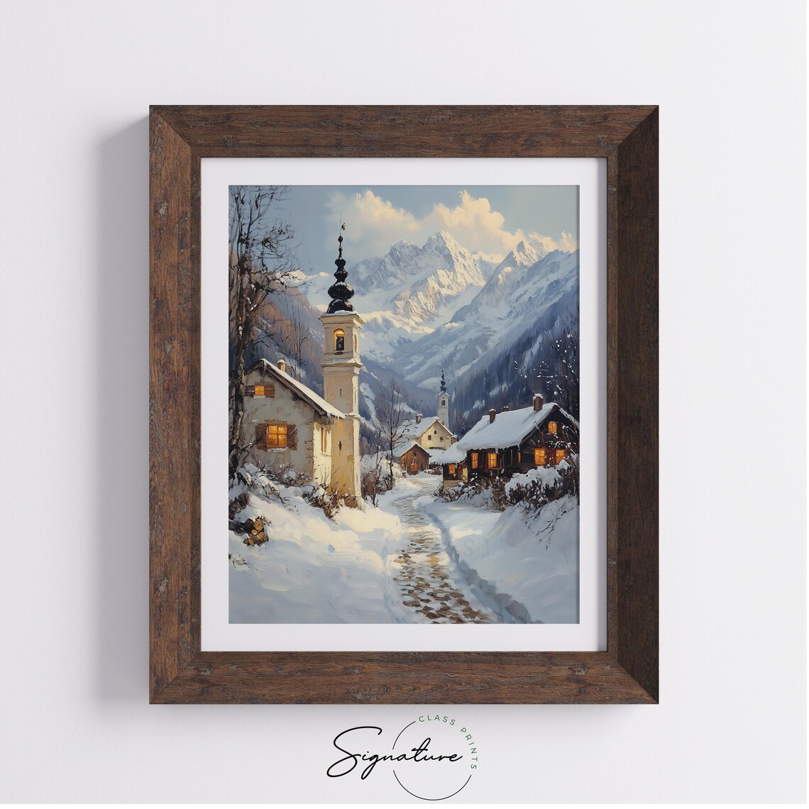 Alpine Village with Tall Church Bell Tower in Snow Winter Poster - Image 4