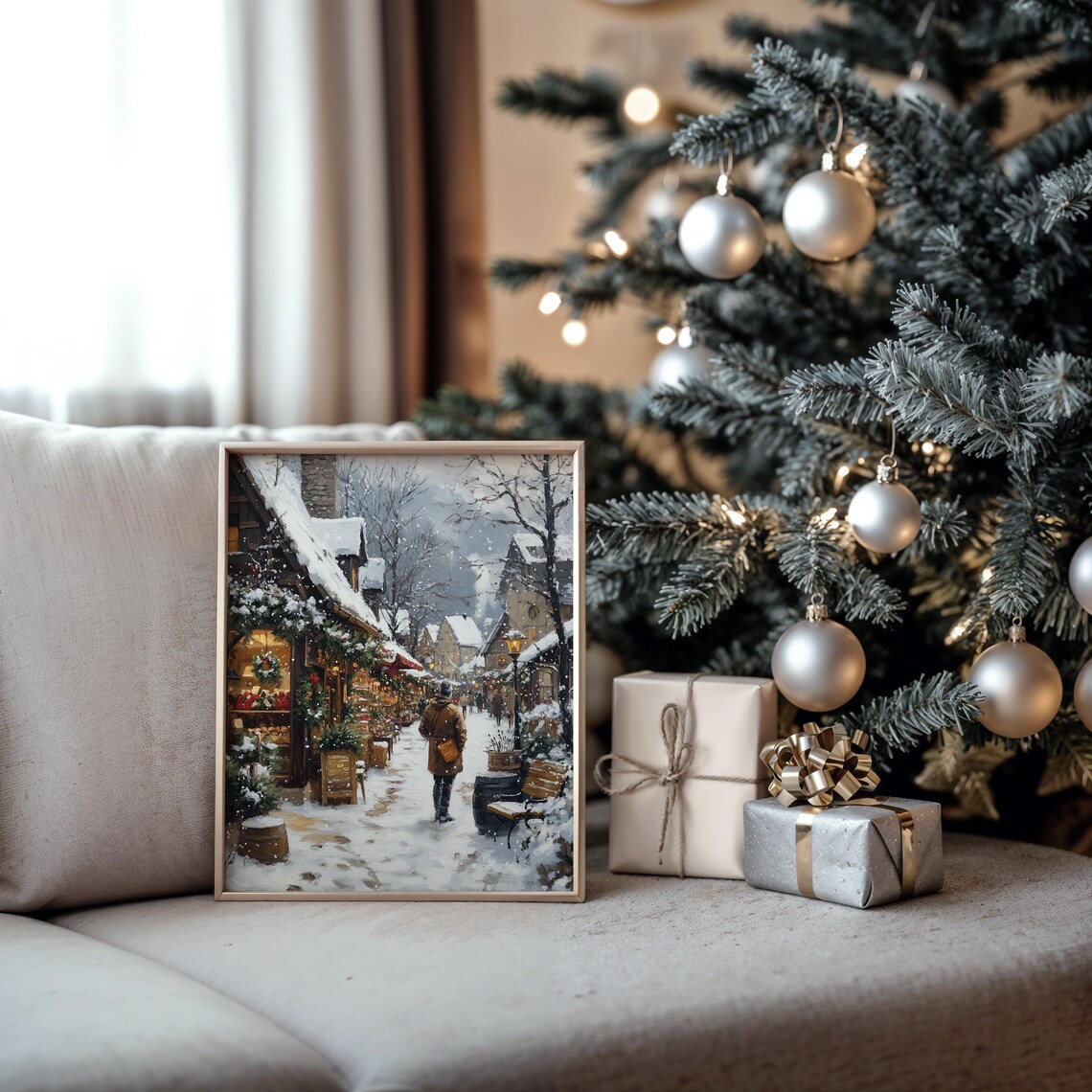 Snowy Christmas Shopping Street with Decorated Stores Holiday Poster - Image 5