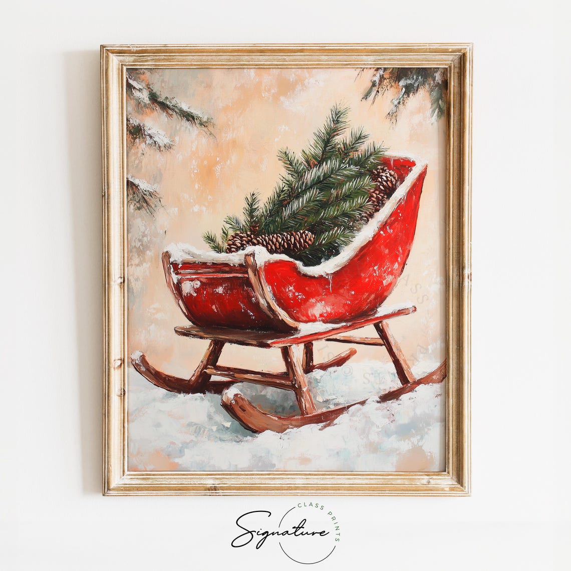 Red Vintage Sleigh Filled With Pine Branches and Pinecones Snow Poster