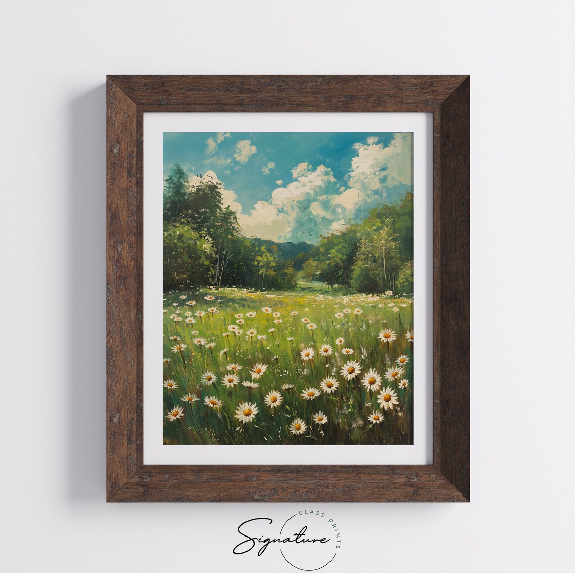 Spring Daisy Meadow White Blooms Blue Sky Sunny Floral Field Oil Poster - Image 4