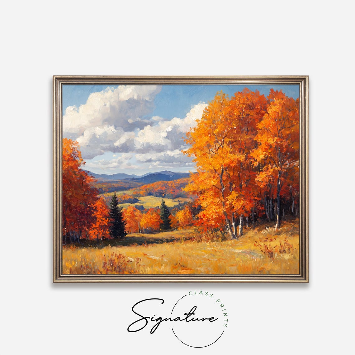 Golden Autumn Meadow With Birch Groves Against Mountain Peaks Poster - Image 4