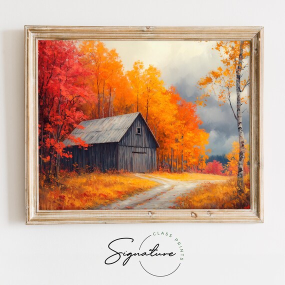 Wooden Barn Autumn Maples Red Forest Fall Rustic Landscape Wall Art
