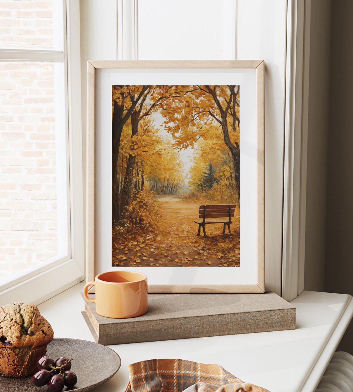Solitary Wooden Bench Under Golden Trees Autumn Park Scene Art Poster - Image 6