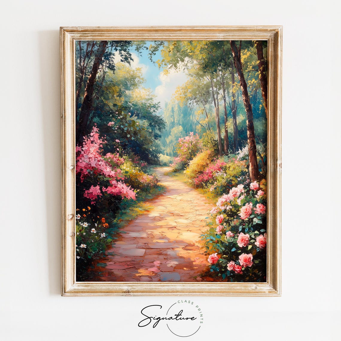 Sunlit Garden Path Through Pink Roses Blooming Summer Poster