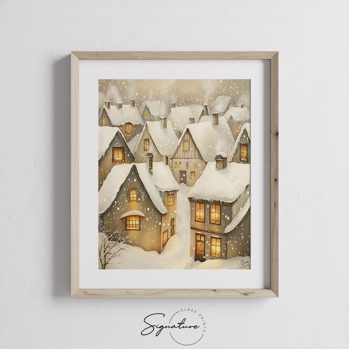 Cozy Snowy Cottages with Glowing Windows in Soft Snowfall Poster - Image 2