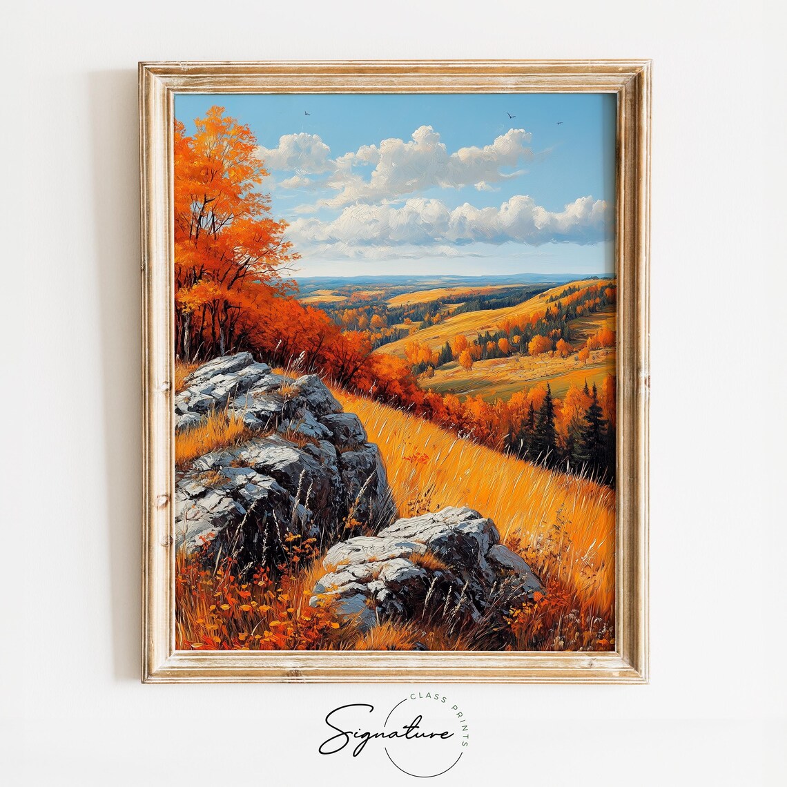 Rocky Hillside With Orange Birches Overlooking Autumn Valley Vista Wall Art