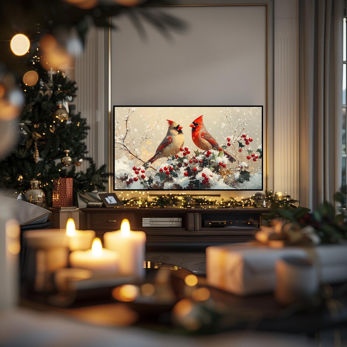 Cardinal Pair in Snowy Holly Bush Red Berries Winter Bird Poster - Image 6
