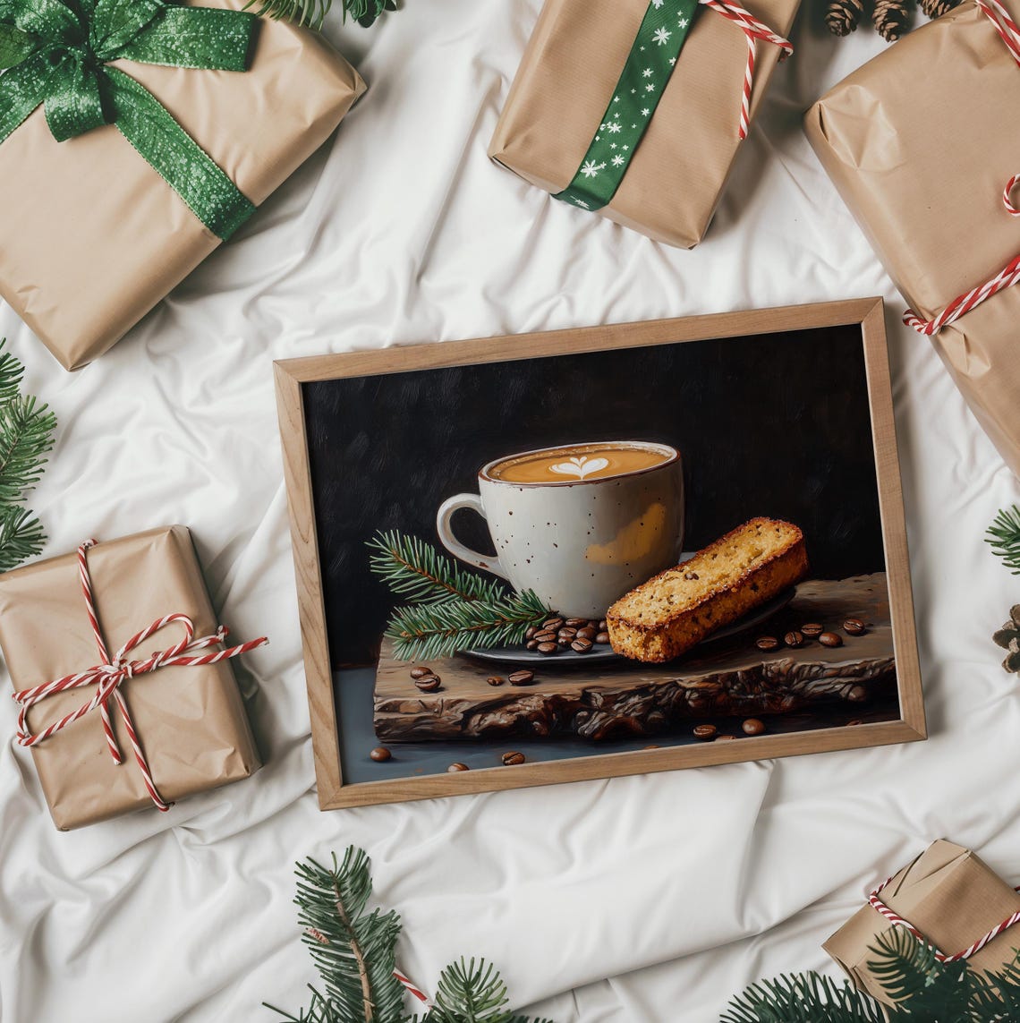 Latte Art Coffee Cup With Biscotti And Pine Sprig Kitchen Poster - Image 2