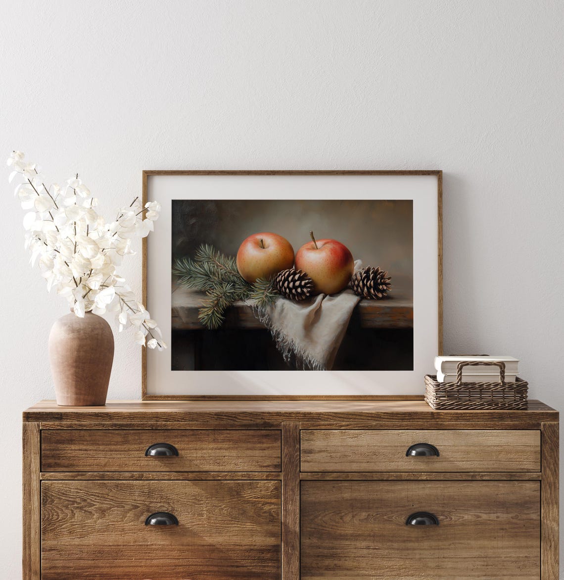 Autumn Apples Pinecones Still Life Oil Painting Rustic Kitchen Poster - Image 3