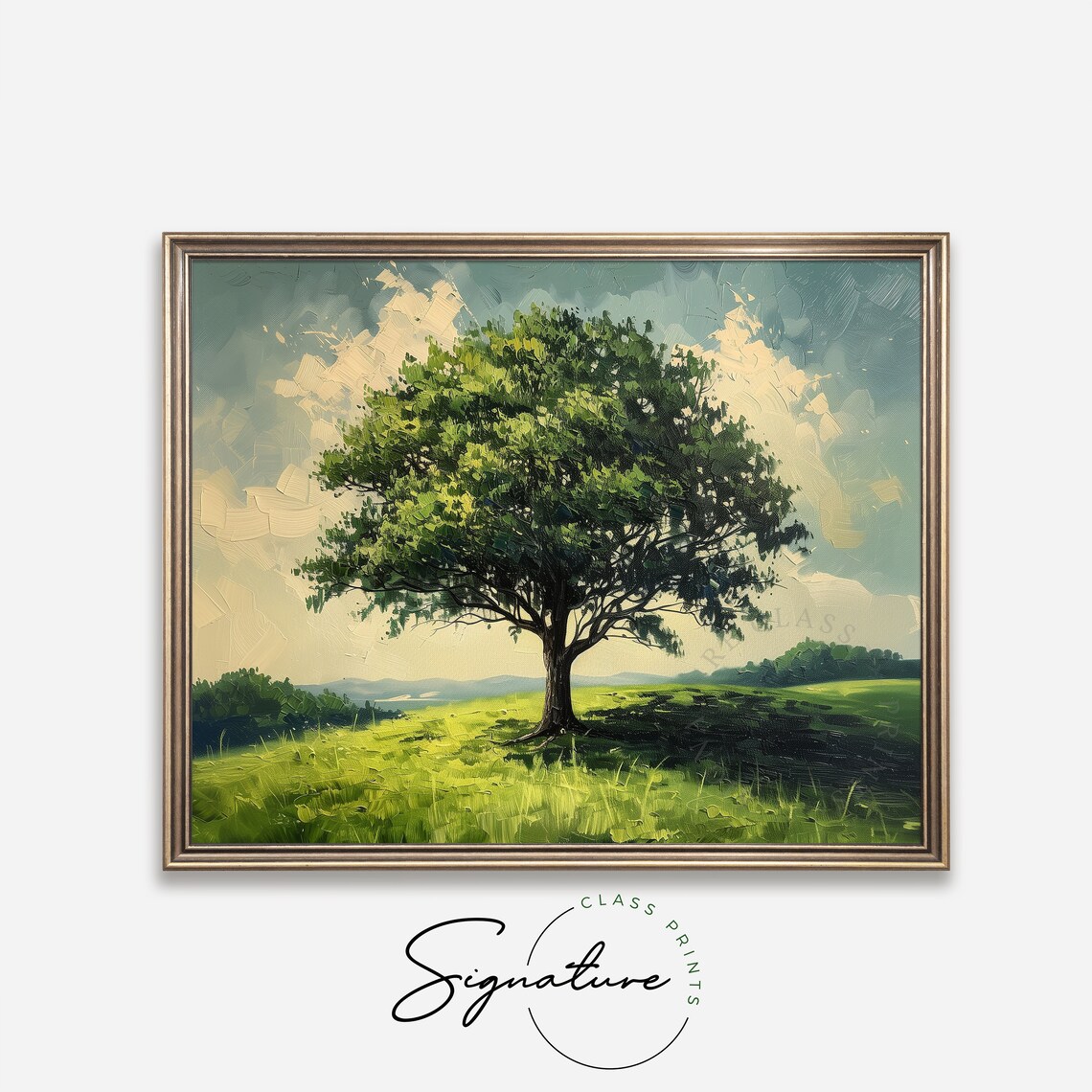Lone Oak Tree In Lush Green Summer Meadow Impressionist Oil Poster - Image 4