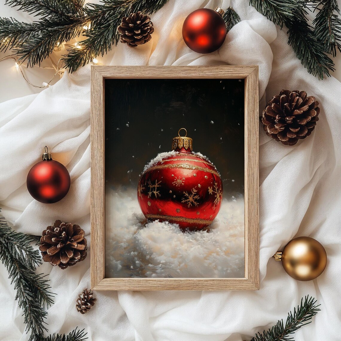 Red Christmas Ornament in Snow Gold Snowflakes Painting Poster - Image 2