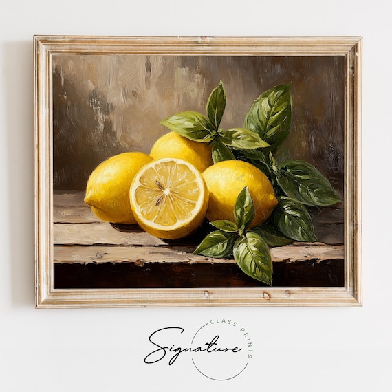 Rustic Lemon Still Life Vintage Country Kitchen Art Earthy Citrus Painting Farmhouse Decor Wall Art 1667