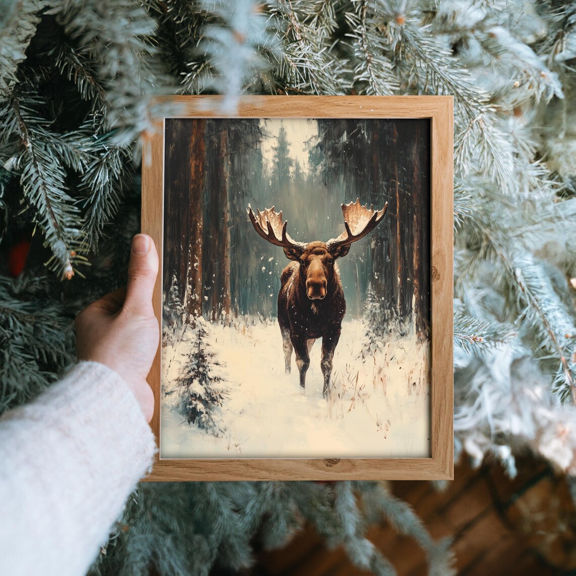 Majestic Moose in Snowy Forest Winter Wildlife Oil Painting Print - Image 6