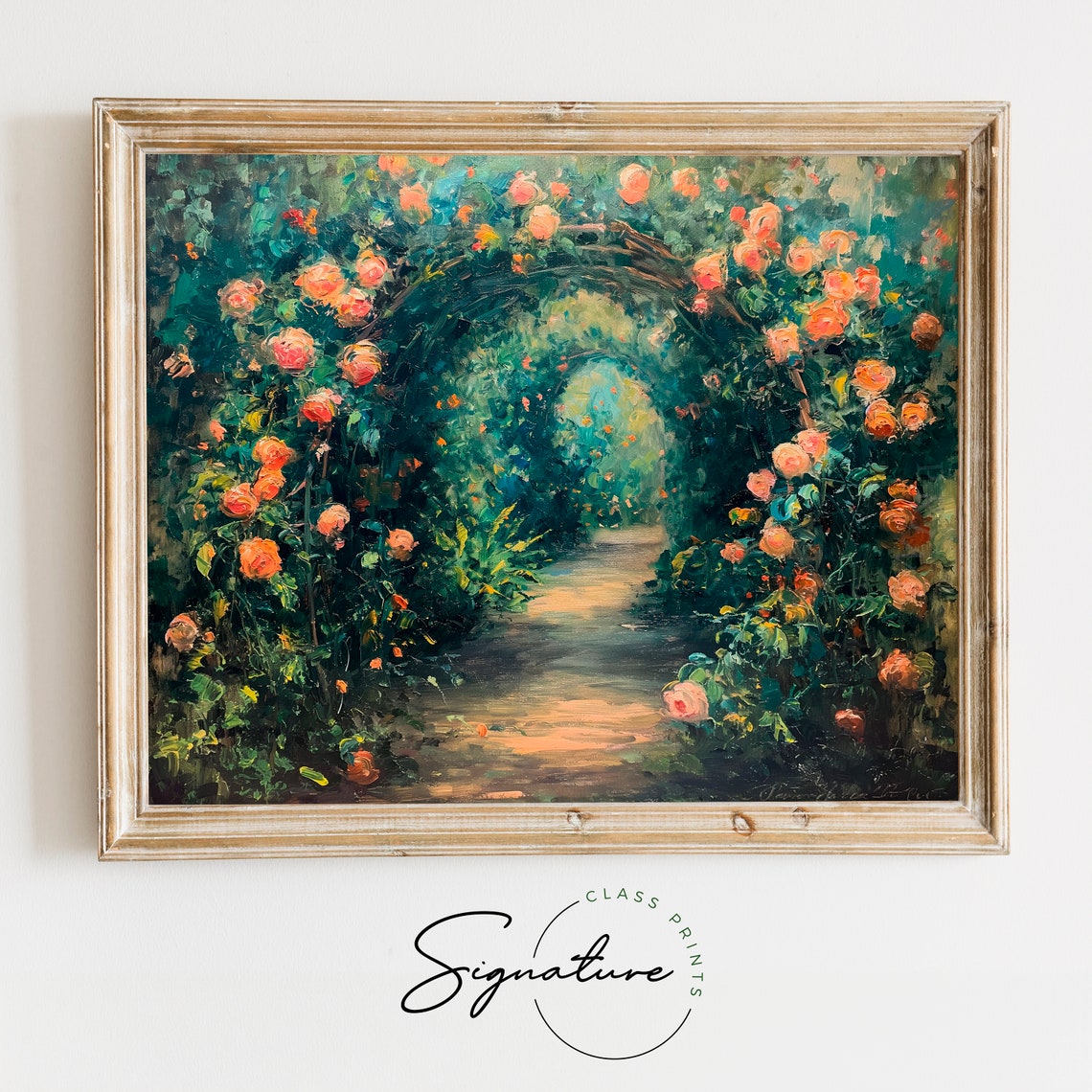 Impressionist Blooming Rose Arch Over Shady Garden Path Floral Poster