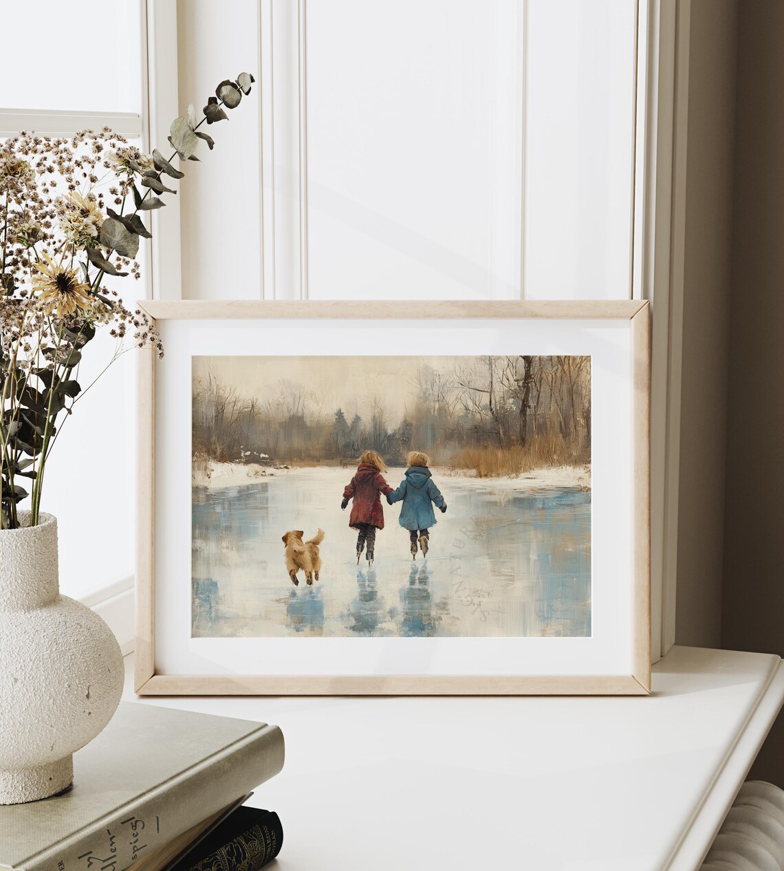 Children Ice Skating With Dog On Frozen Pond Winter Scene Poster - Image 6