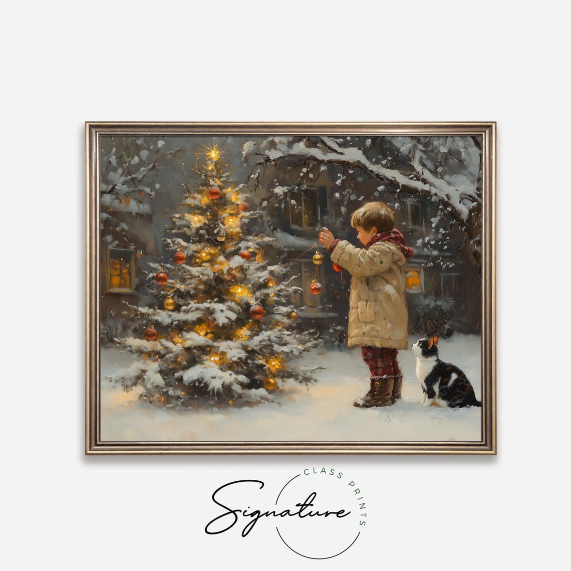 Boy Decorating Outdoor Snowy Christmas Tree with Calico Cat Poster - Image 4