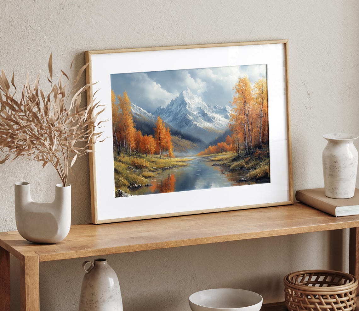 Autumn River Mountain Reflection Orange Aspens Fall Landscape Wall Art - Image 4