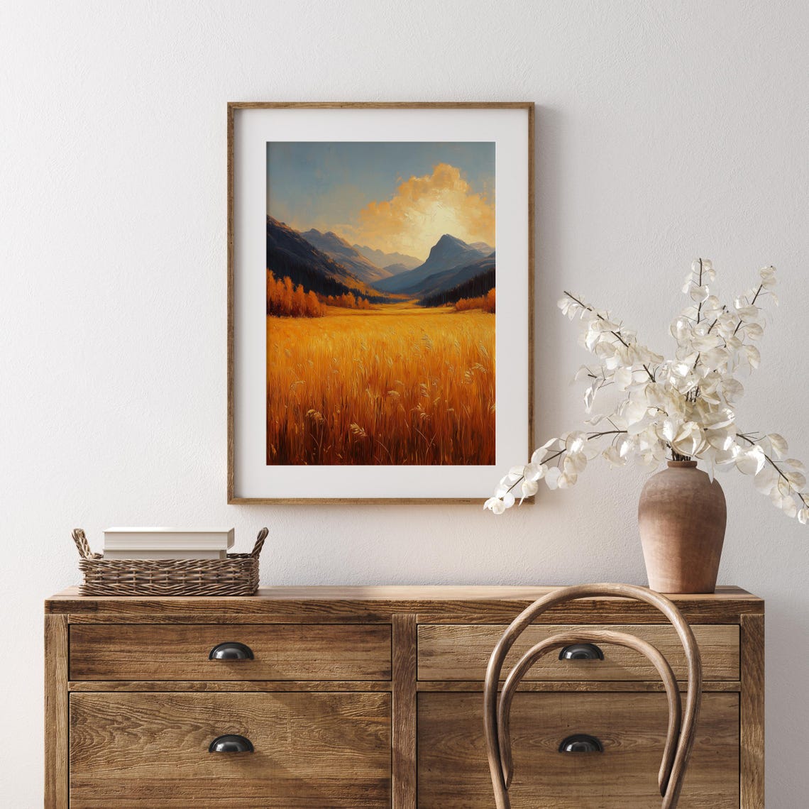 Golden Grass Meadow At Sunset Between Majestic Blue Mountains Poster - Image 5