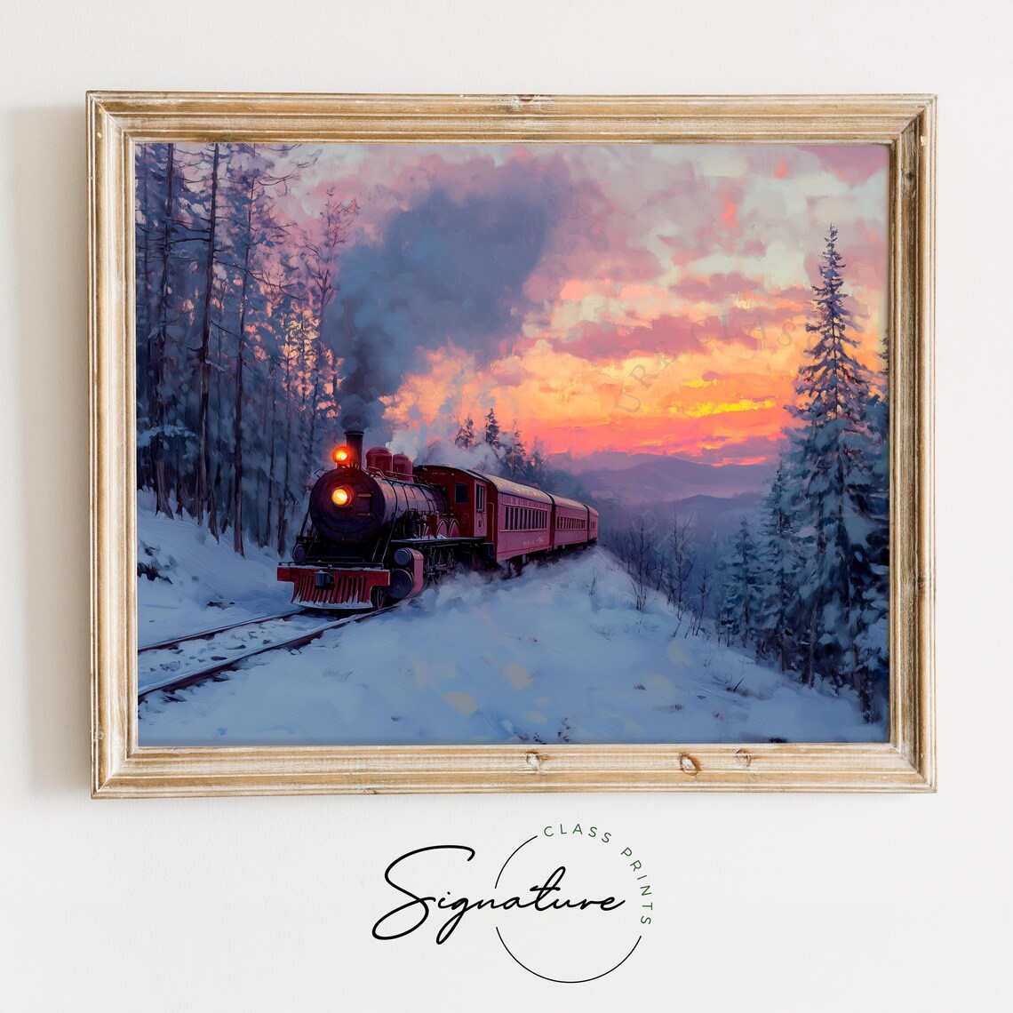 Vintage Steam Train Crossing Snowy Mountains At Sunset Art Poster