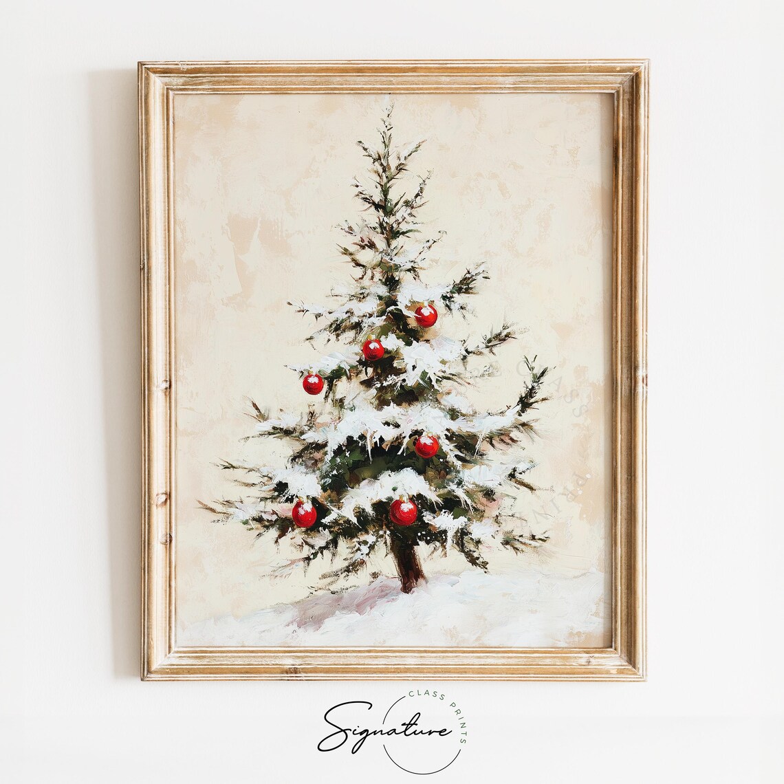 Snowy Christmas Tree with Red Ornaments Minimal Painting Poster