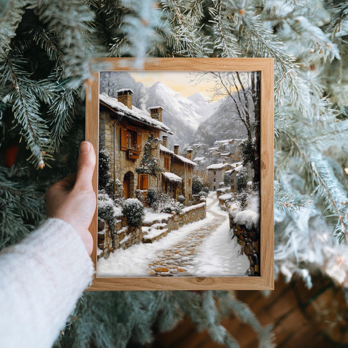 Old Stone Village Street in Snow with Mountain Backdrop Poster - Image 6