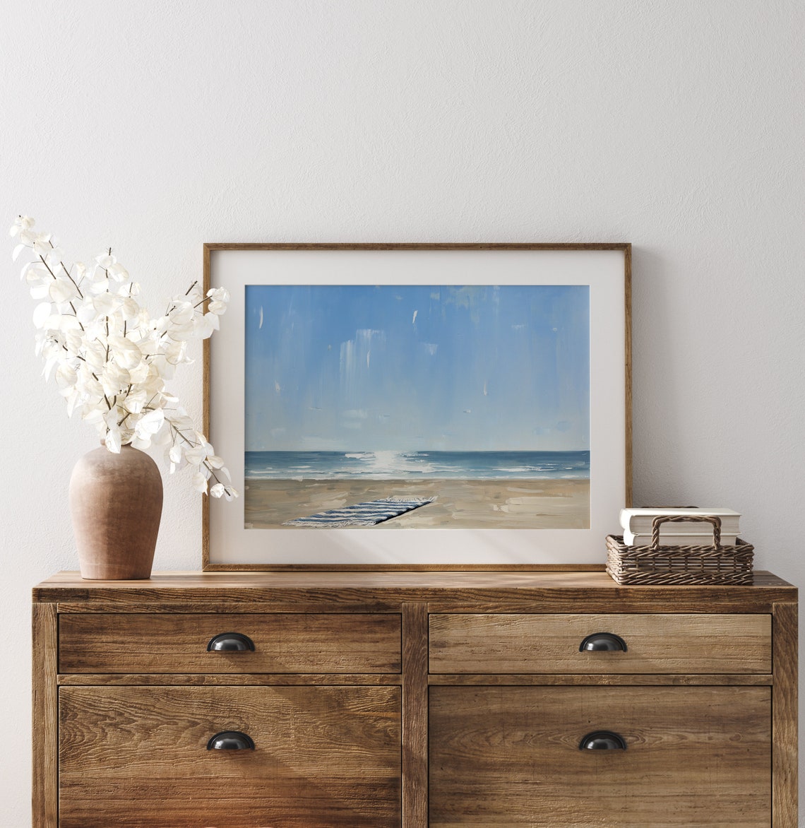 Empty Beach With Striped Towel Ocean Waves Minimalist Poster - Image 3