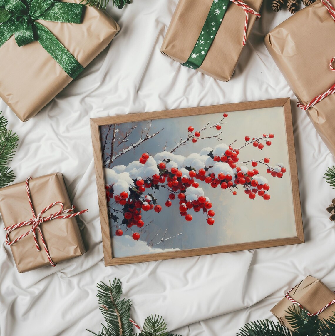 Snow Covered Fresh Red Berries Branch Winter Oil Painting Poster - Image 5