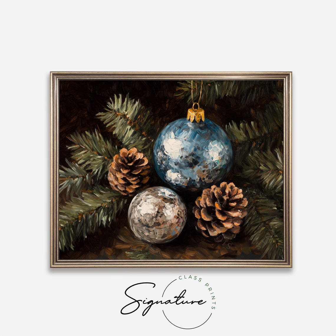 Blue And Silver Christmas Ornaments With Pinecones On Pine Poster - Image 4