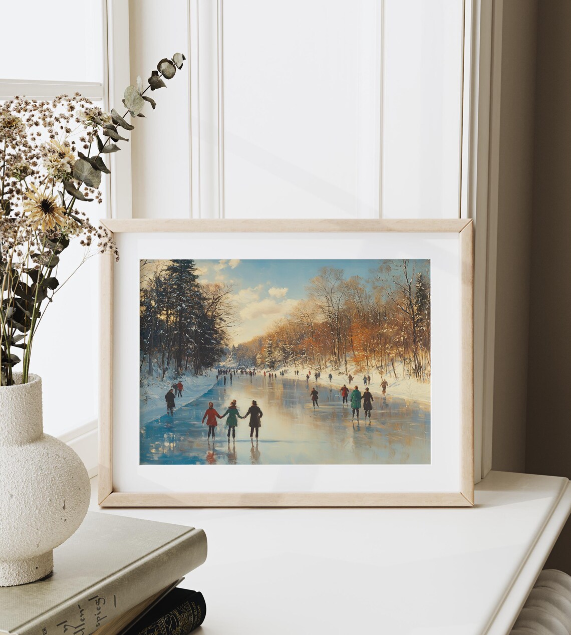 Families Ice Skating On Frozen River Sunny Winter Day Poster - Image 6